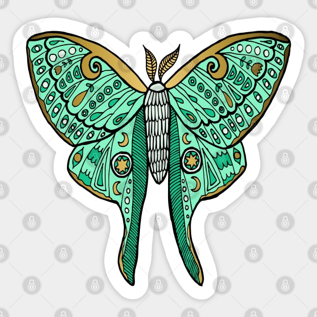 Luna Moth Green and Gold Sticker by julieerindesigns